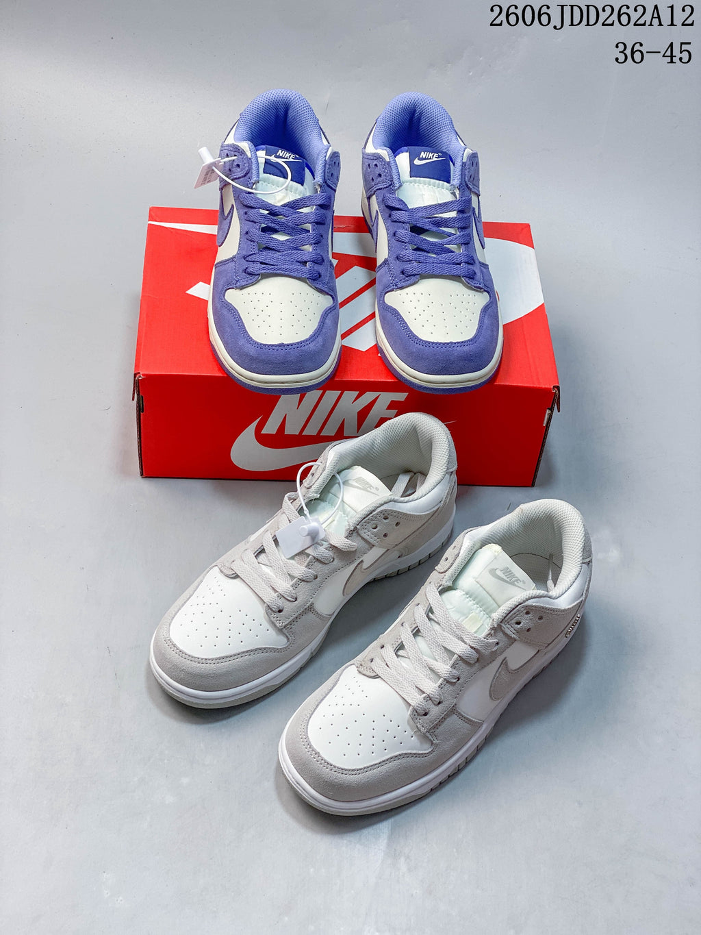 Purple and Sail sneakers above a light gray and white pair; image text lists sizes 36–45.