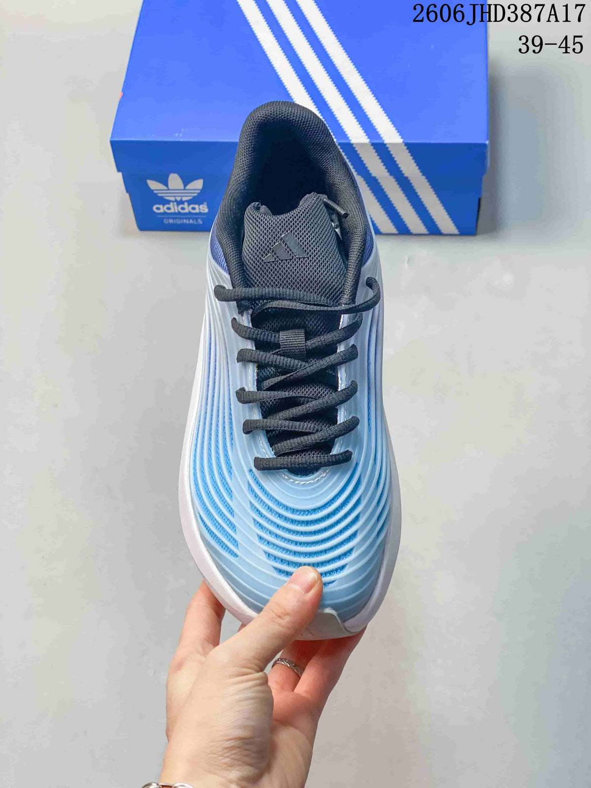 Top view showing the dark laces and curved blue upper detailing