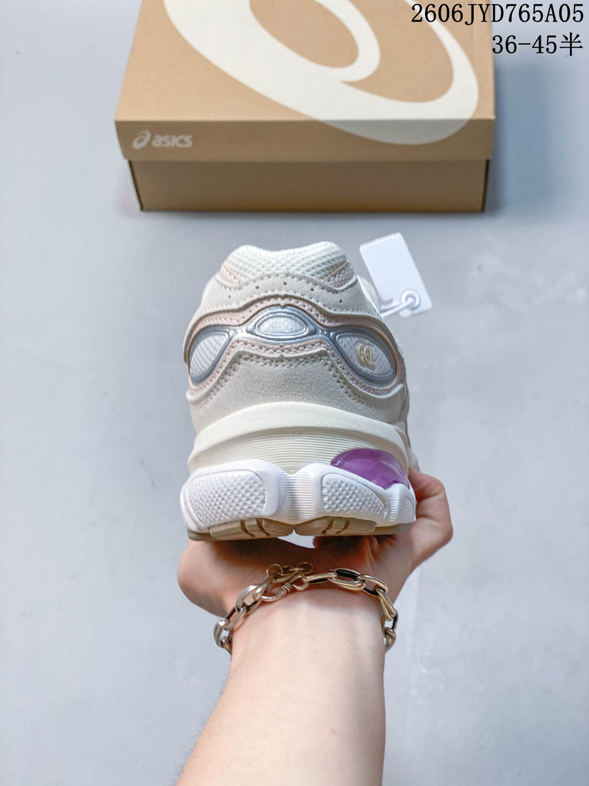 Rear view of the sneaker with layered heel details and a translucent purple sole accent