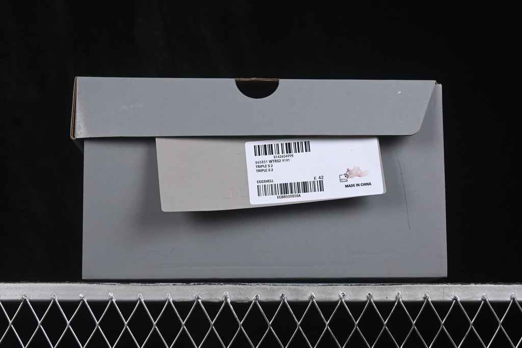 Balenciaga sneaker box with a product label showing Triple S 2, style reference WTRS29191 and size E 42.