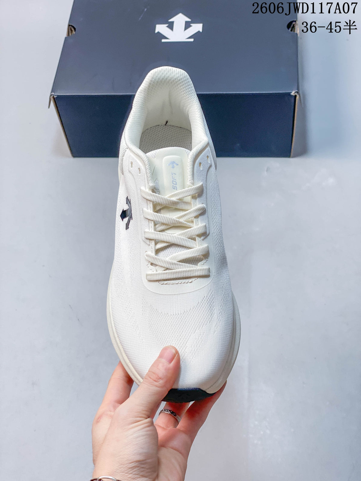Top view of the white lace-up running shoe