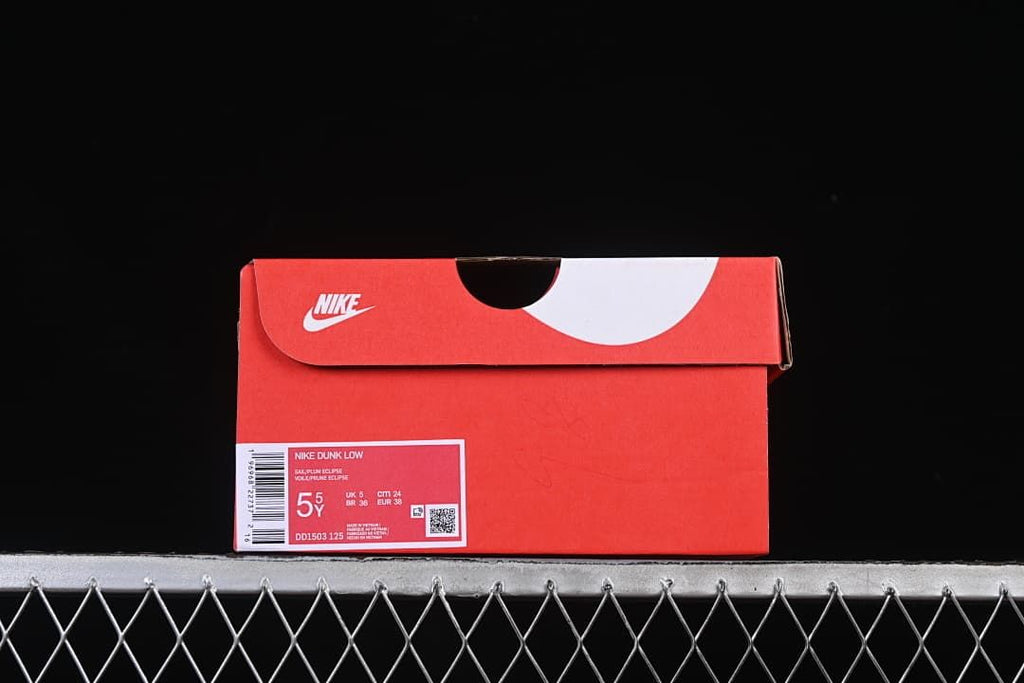 Nike Dunk Low shoe box with a label showing style code DD1503 125 and EU 38.