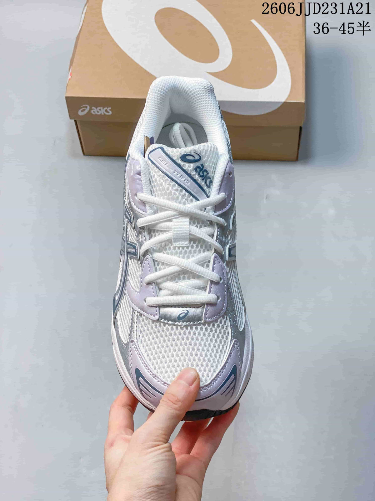 Top view of a white ASICS GEL-1130 sneaker with silver and lavender details