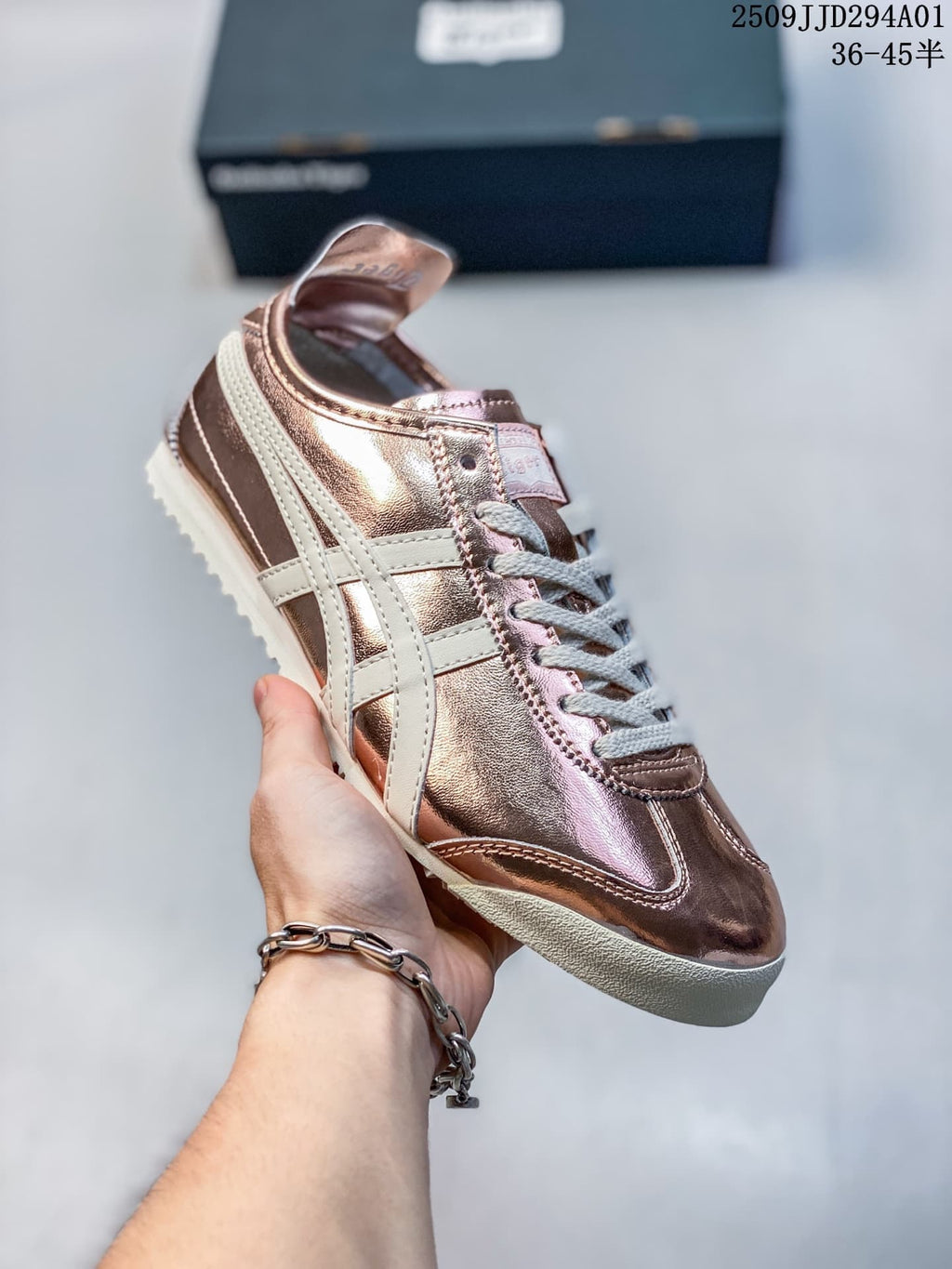 Bronze metallic low-top sneaker with cream side stripes and laces; size range text appears in the image.