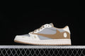 Side view of a grey, off-white, and tan low-top sneaker with a large tan side swoosh.