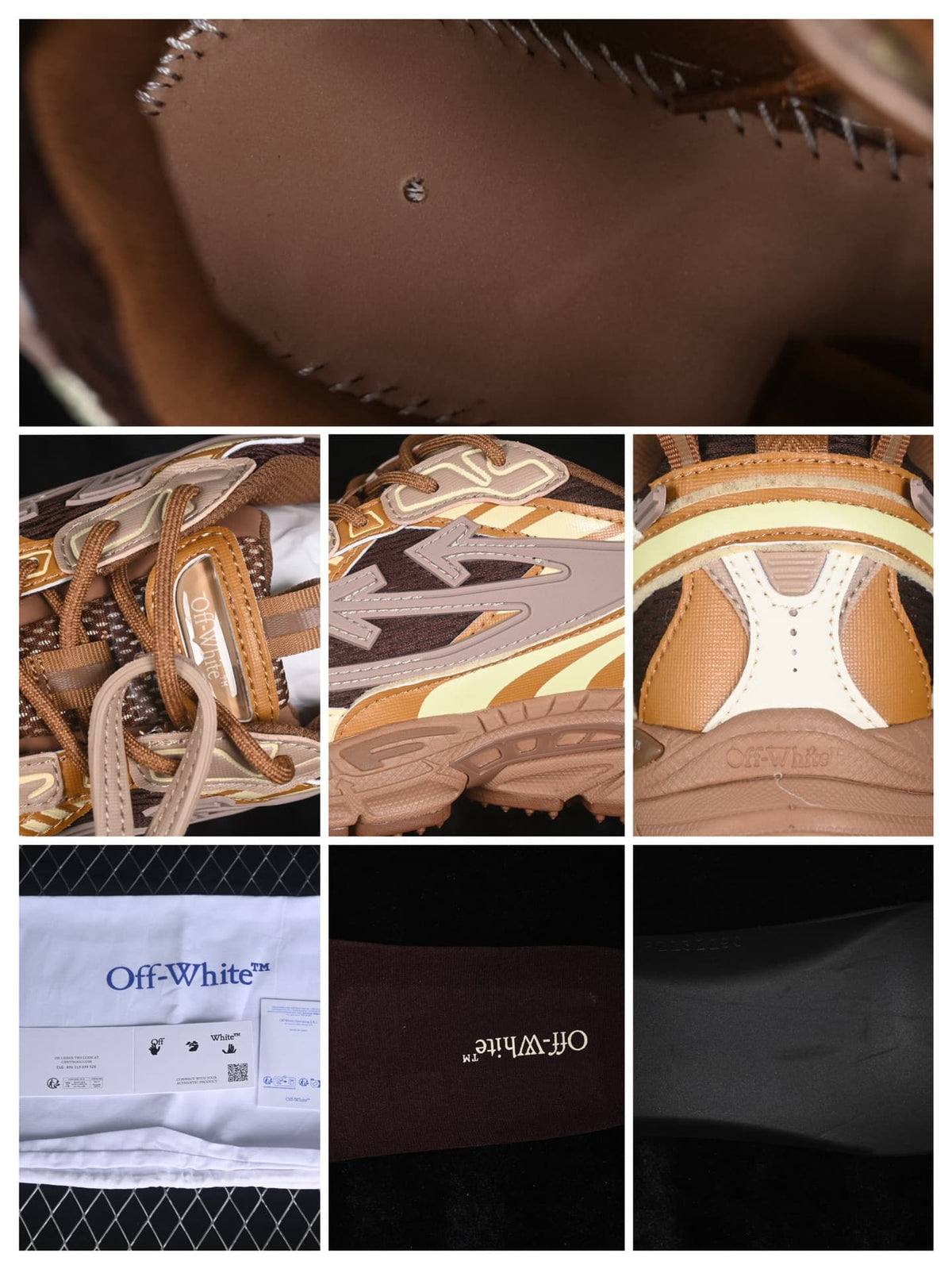 Detail collage showing stitching, layered upper panels, heel construction, branding and packaging details.