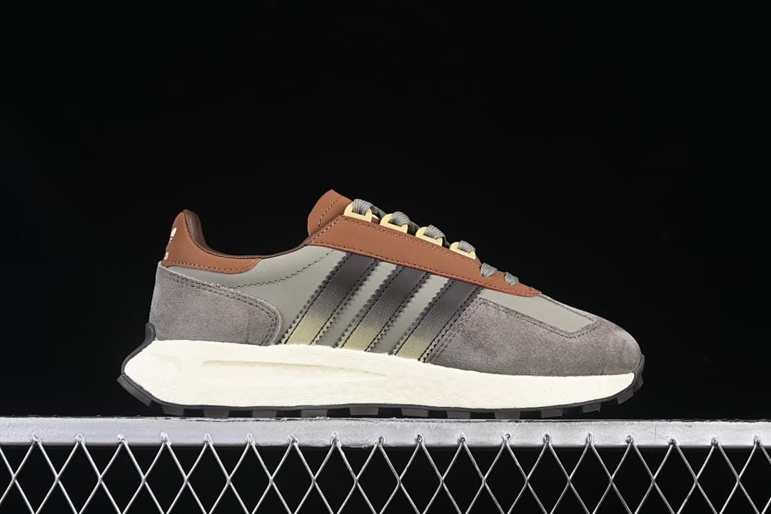 Side profile highlighting the layered upper and off-white midsole