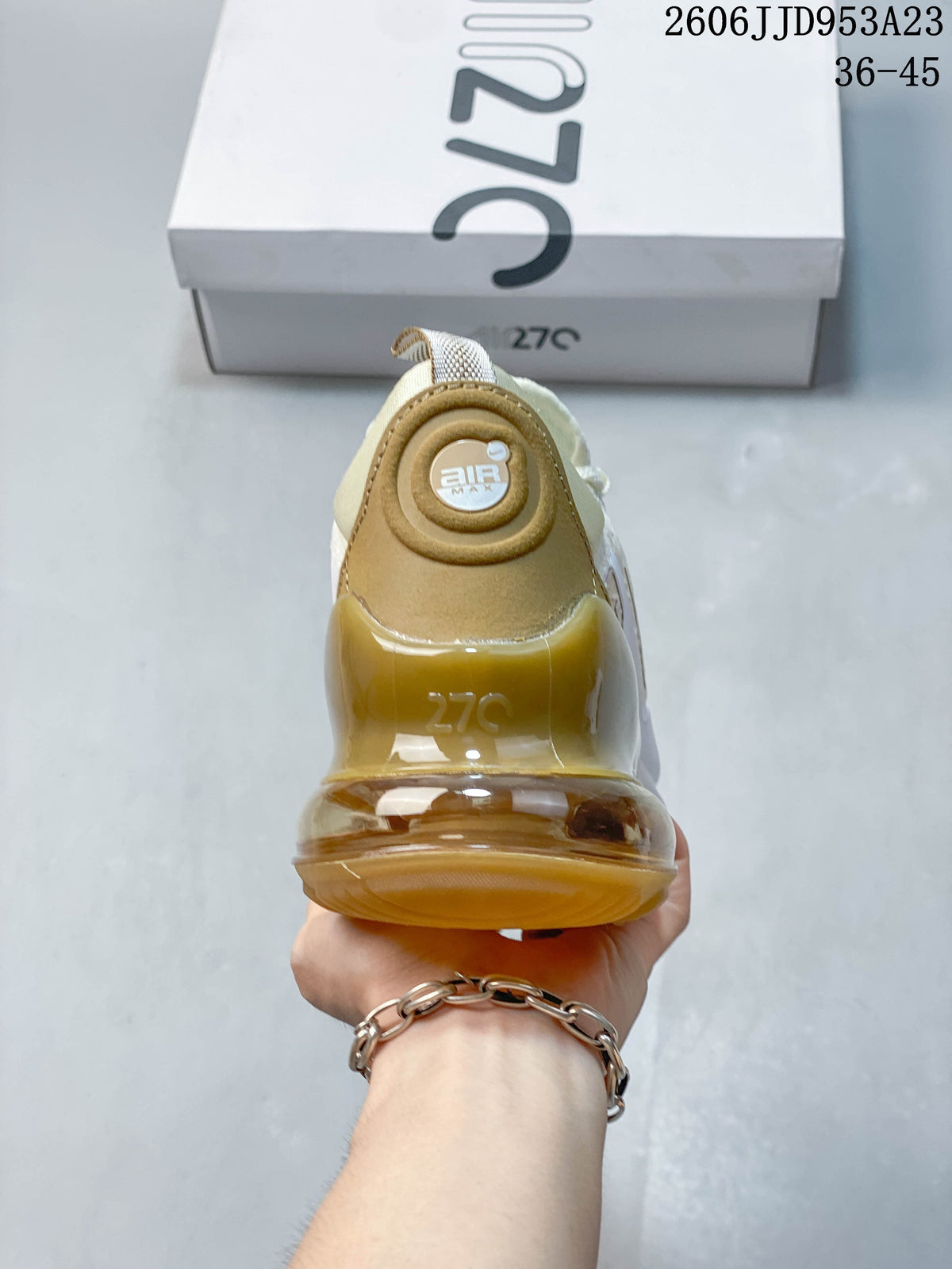 Rear view showing the translucent heel unit of a Nike Air Max 270 sneaker