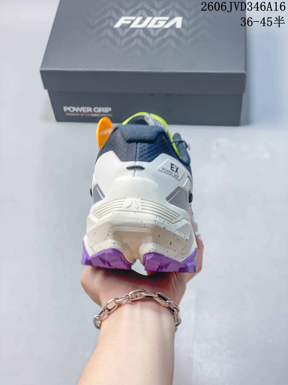 Rear view of a Kailas FUGA EX3 shoe showing the heel and purple outsole