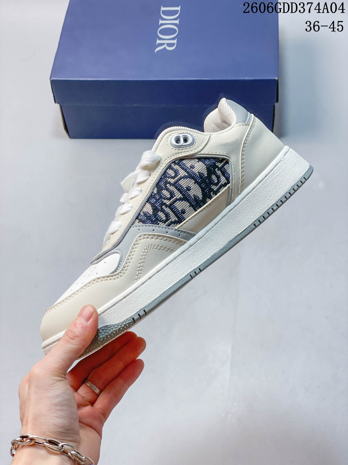 Side view of the sneaker with patterned side panel and white midsole