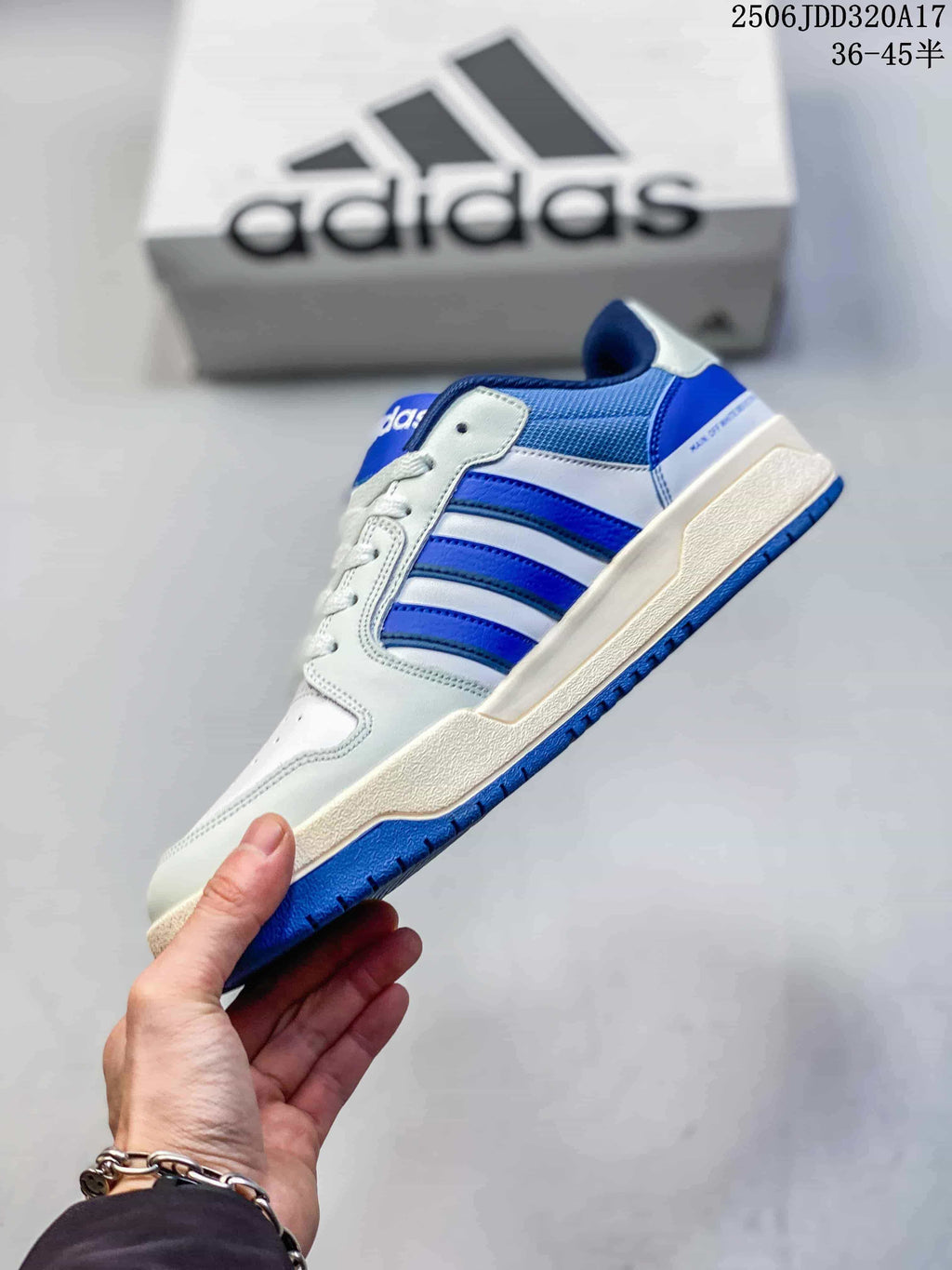 Side view showing the blue three stripes and low-top shape