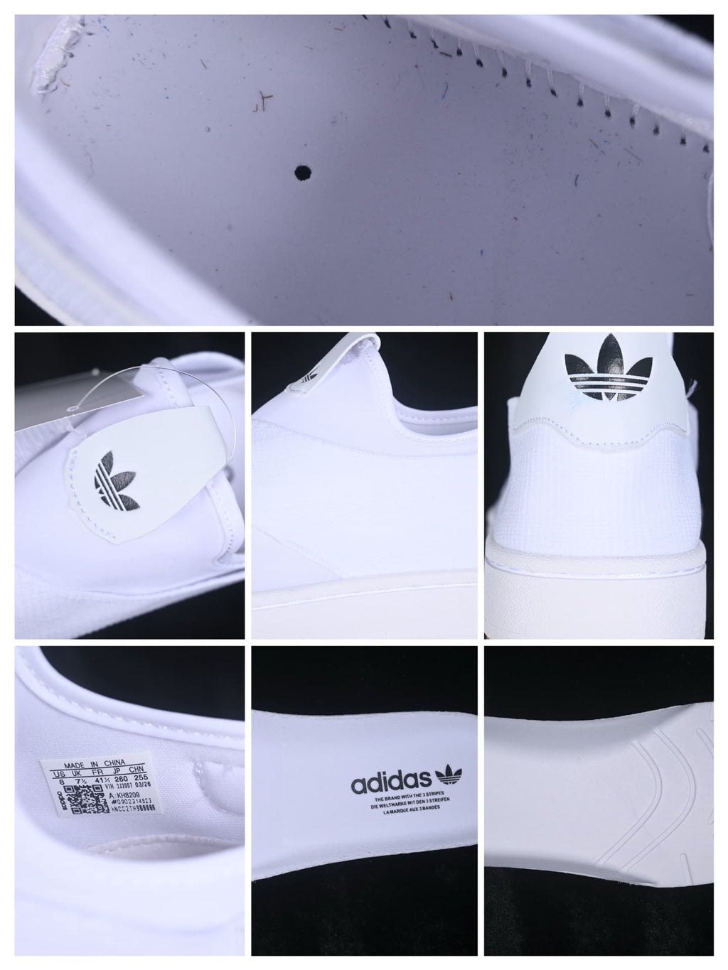 Detail collage showing the trefoil branding, collar, interior label, and outsole details.