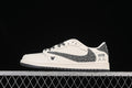 Side view of an off-white low-top sneaker with dark patterned panels, graphic accents, and Supreme text.