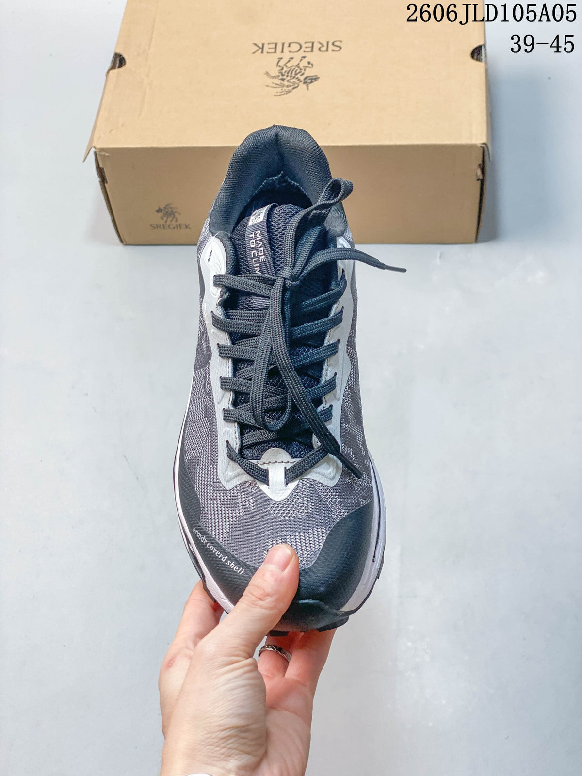 Top view of the sneaker showing its laces and patterned upper.