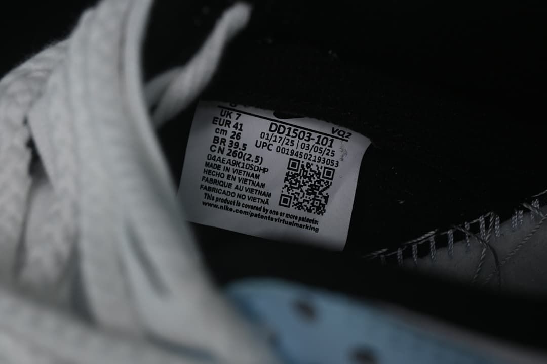 Interior shoe label showing style code DD1503-101 and EU 41 size