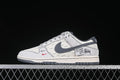 Side view of light grey Nike SB Dunk Low sneakers with a dark grey Swoosh and patterned side panels