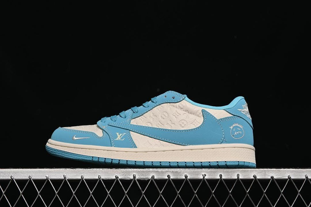 Side view of a light blue and off-white low-top sneaker with patterned side panels.