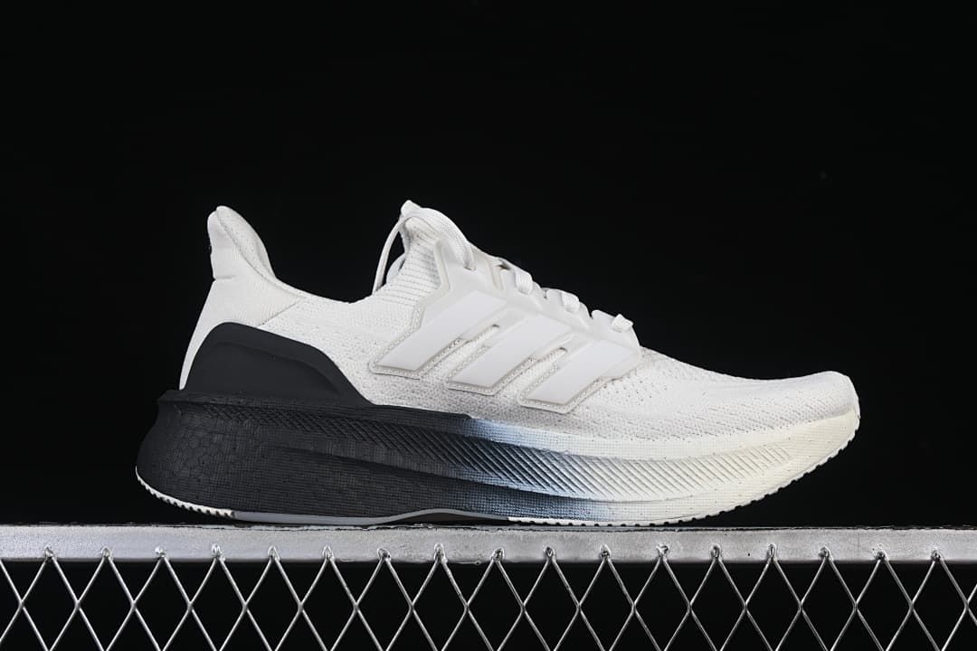 Side profile of the white and black shoe