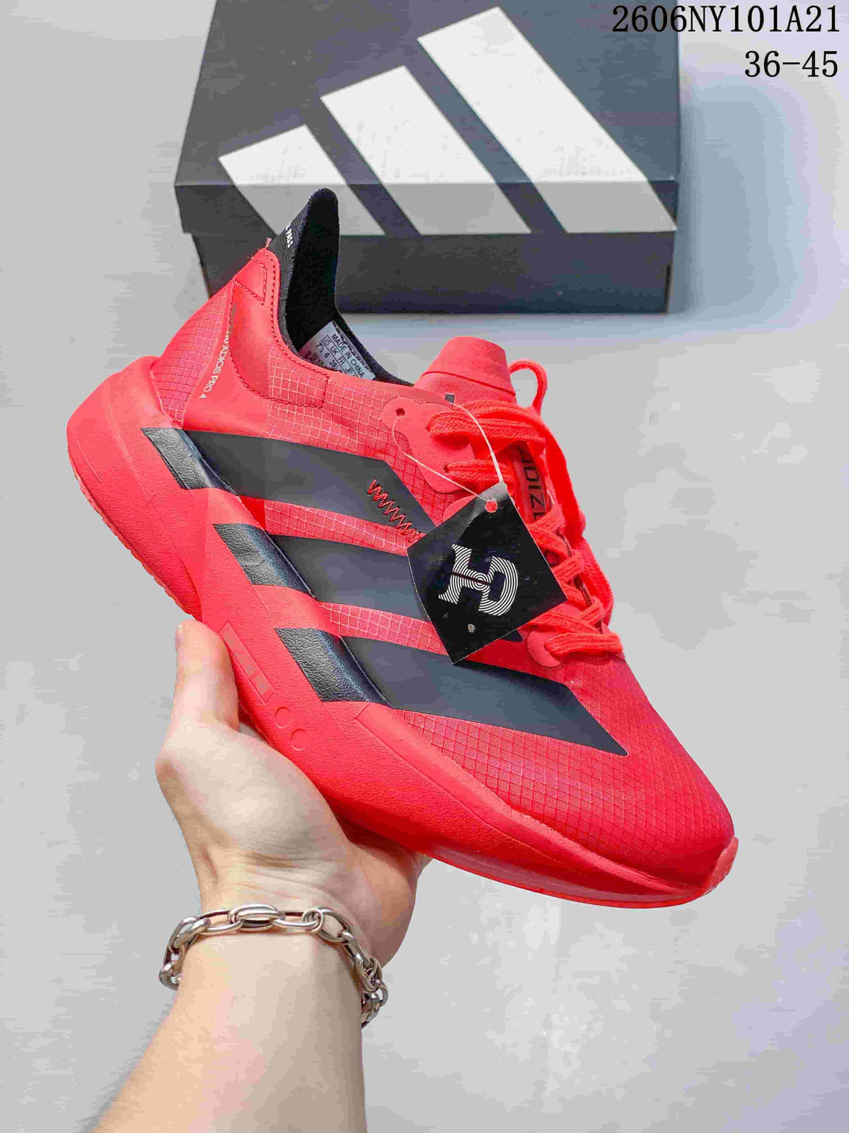 Bright red Adidas running shoe with dark stripes and Lightstrike Pro sole; image text shows 36–45.