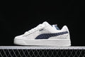 Side view of light-colored Puma Suede XL sneakers with a dark navy side stripe.