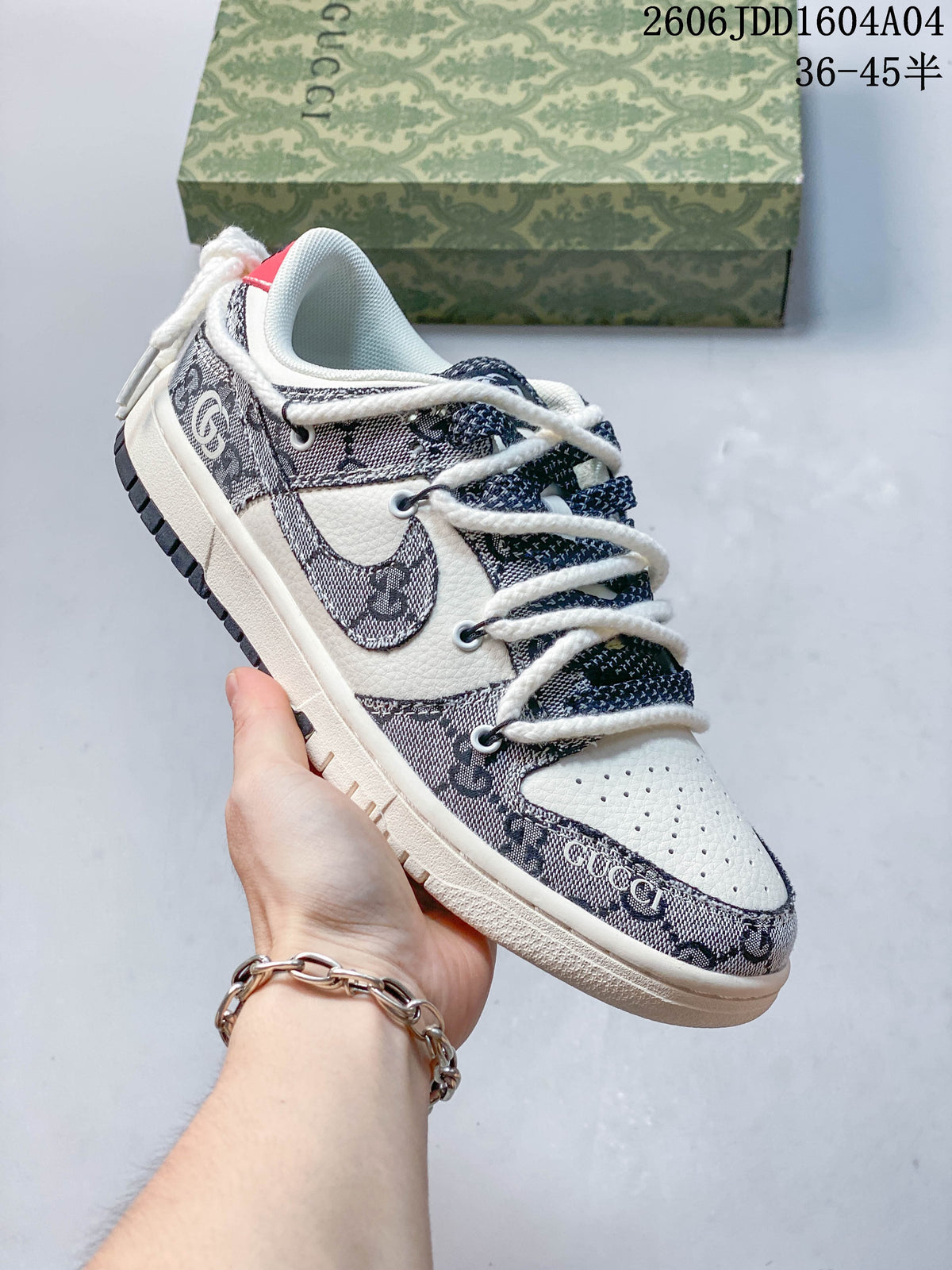 Gray patterned and cream low-top sneaker with thick white laces, shown beside a patterned box.