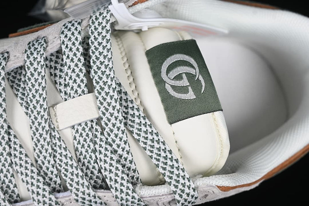 Close-up of patterned laces and tongue label