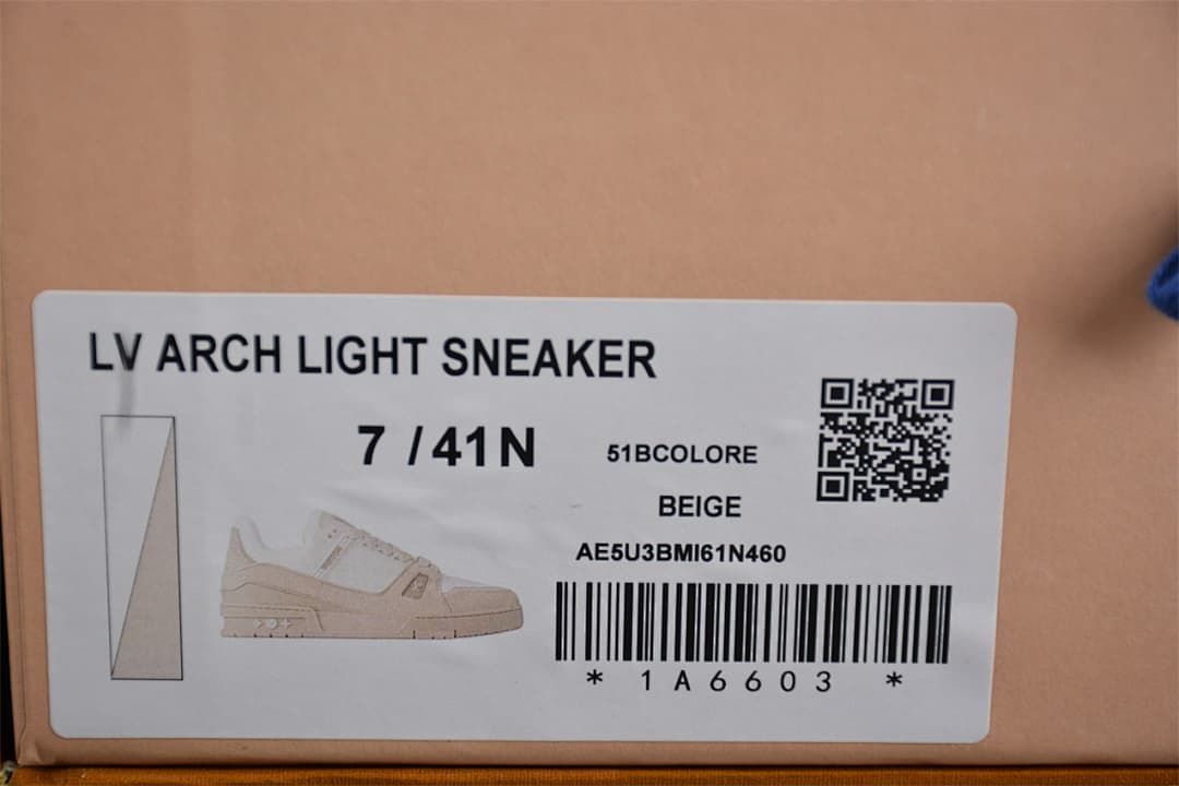 Shoebox label reading LV Arch Light Sneaker, Beige, and size 7 / 41N.