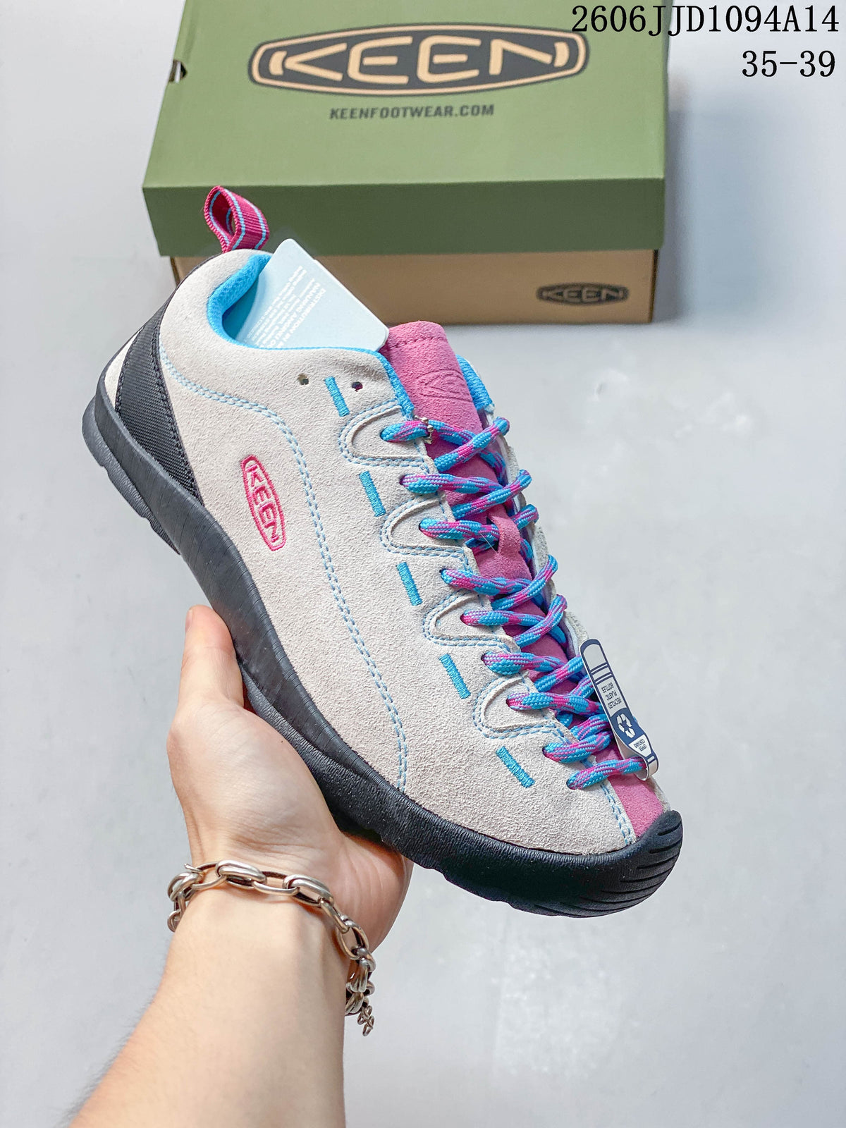 Side view of a KEEN Jasper sneaker with gray panels, multicolor laces, and dark sole