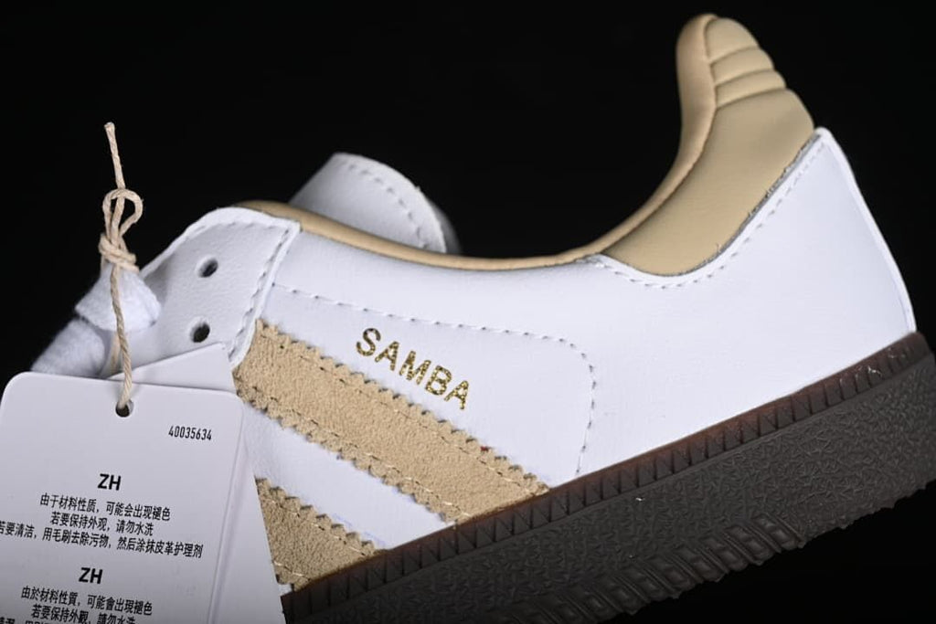 Close-up of the Samba side branding, beige stripes and dark outsole