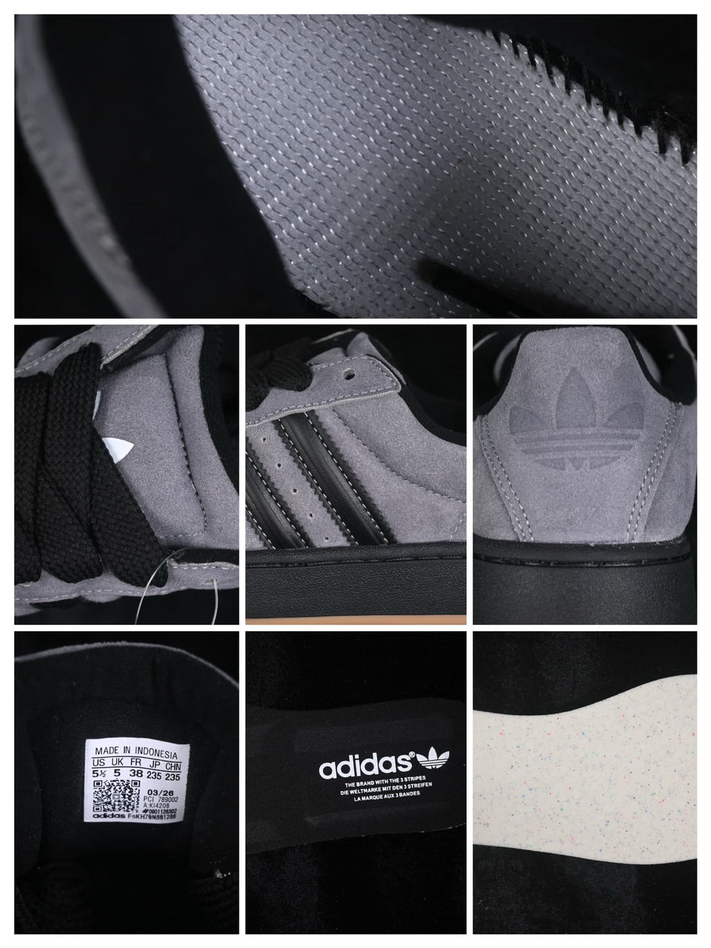 Detail collage showing the textured upper, laces, three-stripe panels, heel branding, interior labels, and speckled insole.