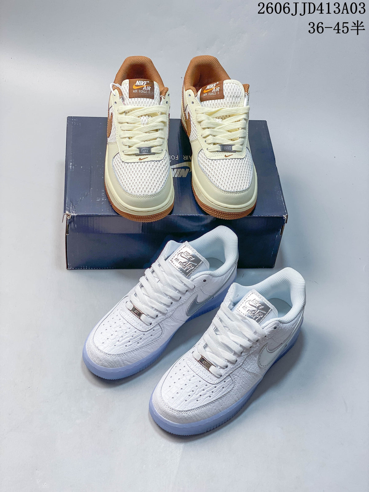 White and cream-and-brown low-top sneakers shown together.