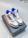 Pair of white Jordan Air Jordan 3 Knicks sneakers with blue and orange accents on a shoebox