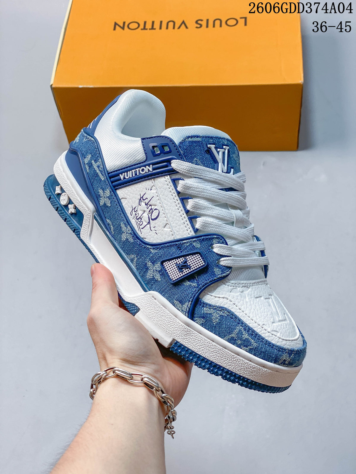 Angled side view of the blue-and-white low-top sneaker