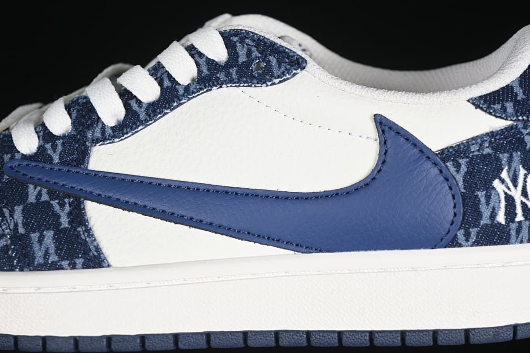 Close-up of the blue side Swoosh and patterned overlays