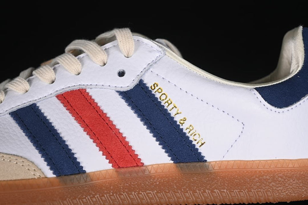Close-up of the side stripes and Sporty & Rich lettering