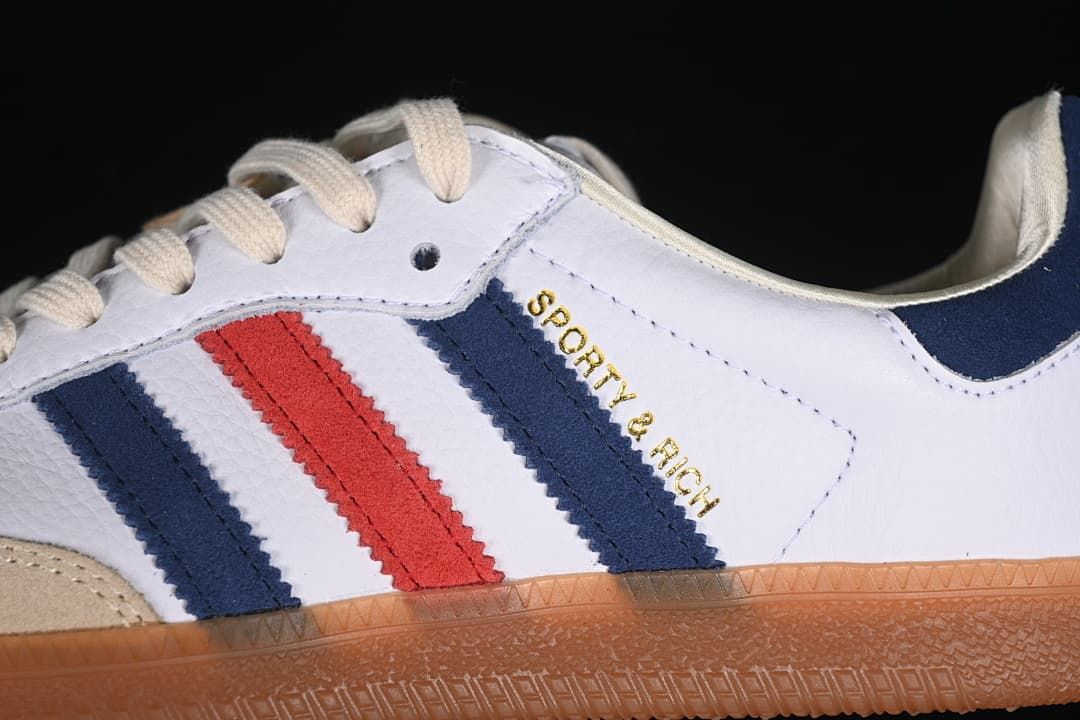 Close-up of the side stripes and Sporty & Rich lettering