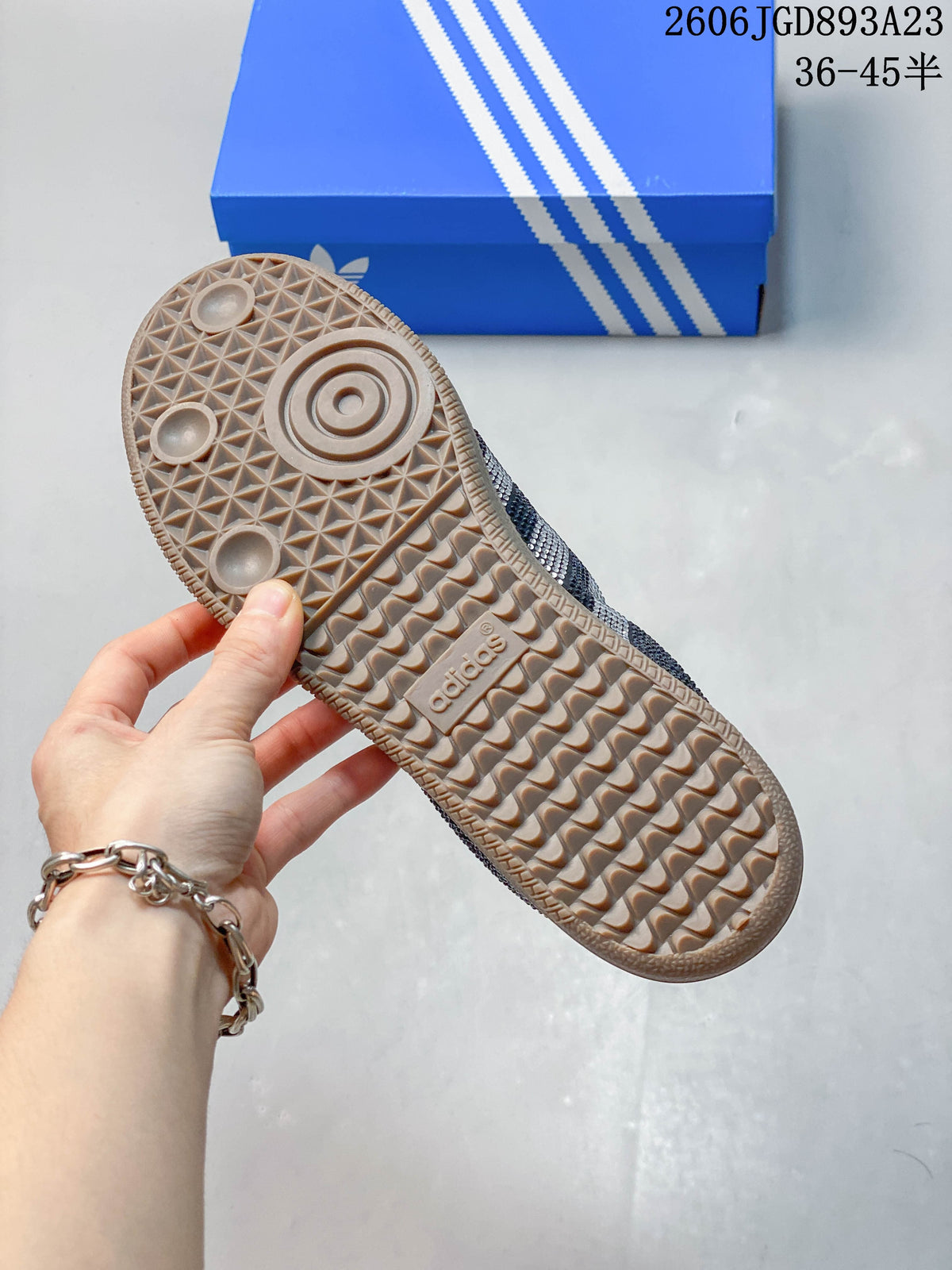 Close-up of the gum-colored outsole with textured tread