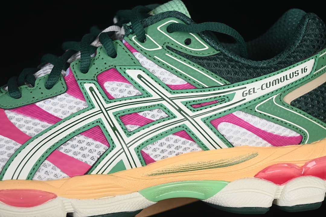 Close-up of the lateral overlays, laces, and multicolor midsole