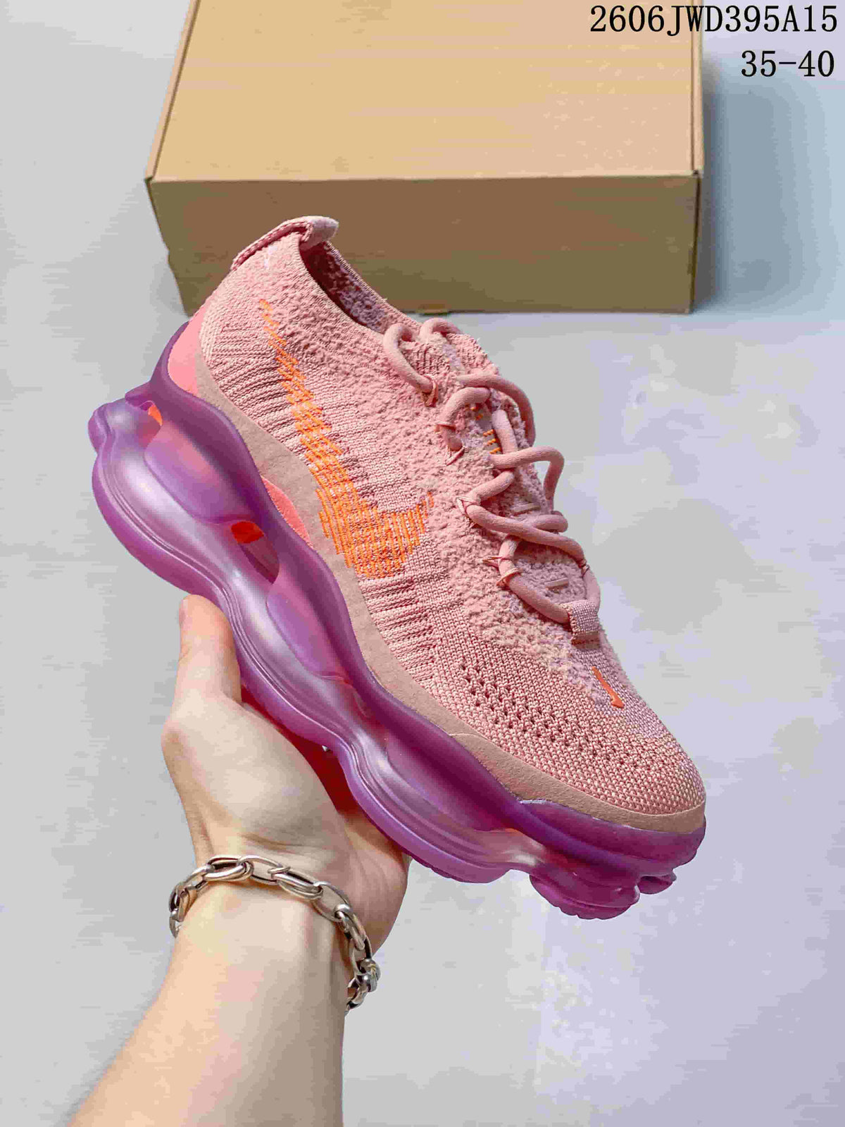 Dusty pink knit sneaker with orange side detail and a purple sculpted sole; image also shows the text 35–40.