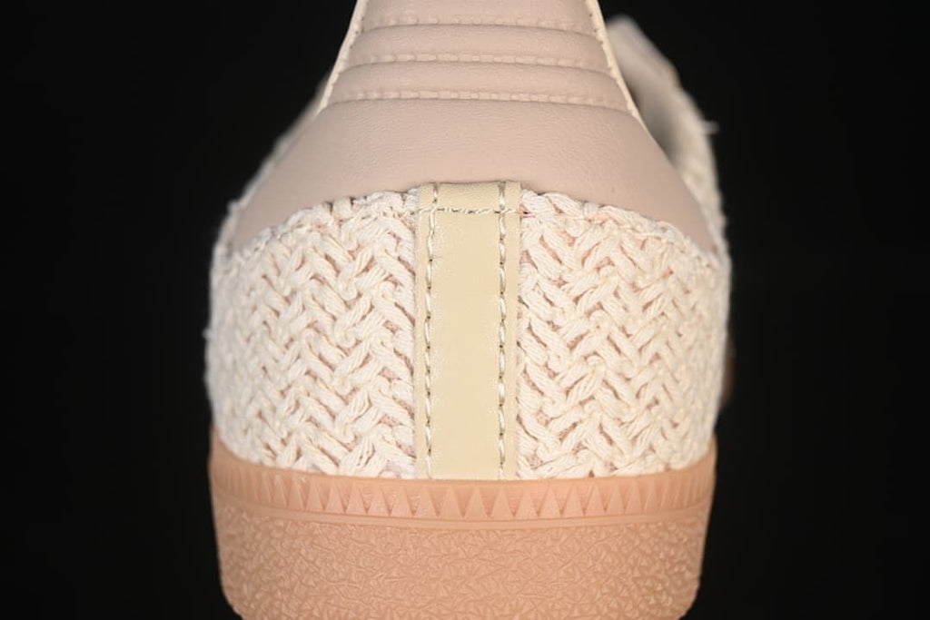 Rear view highlighting the woven heel panel and gum-colored outsole
