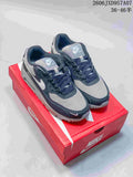 Pair of navy and gray Nike Air Max 90 sneakers on a red shoe box; image overlay lists sizes 36–46.5.