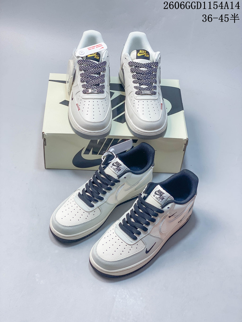 Several views of off-white low-top sneakers with dark or patterned laces and contrasting accents.