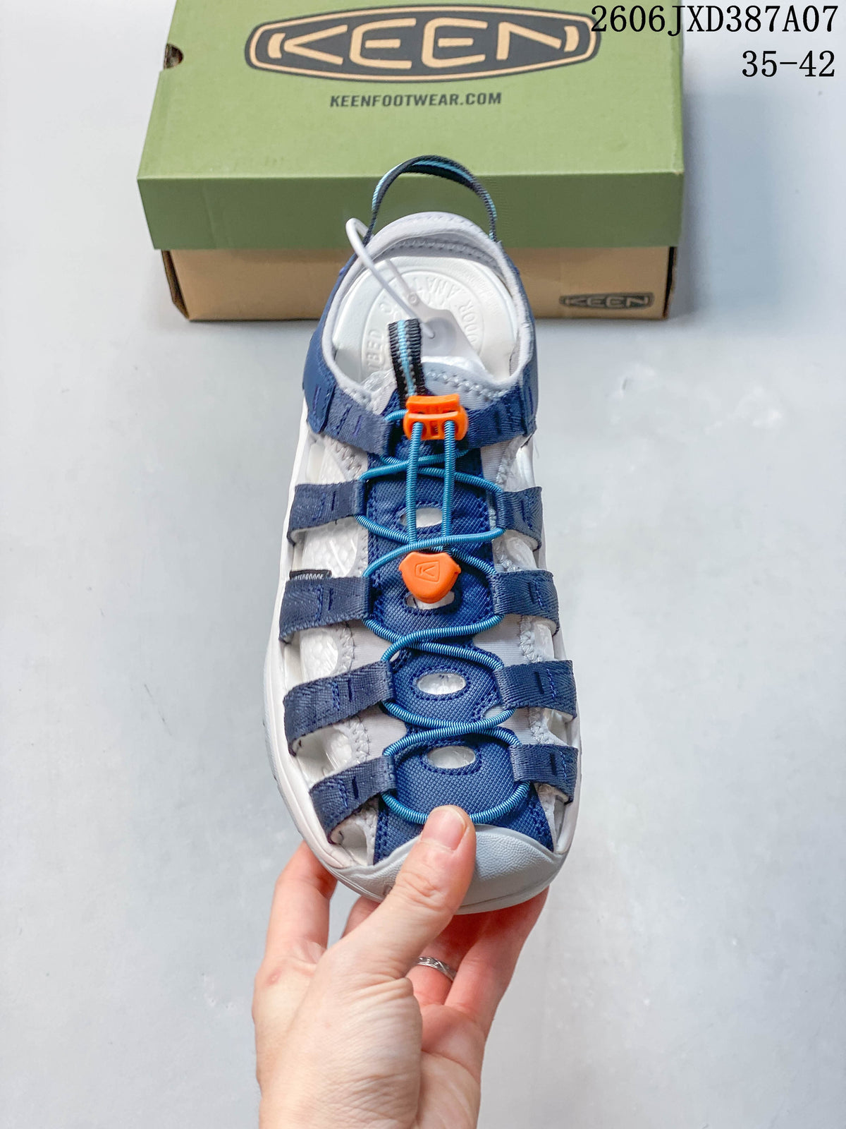 Top view showing the sandal's bungee lacing and toe protection