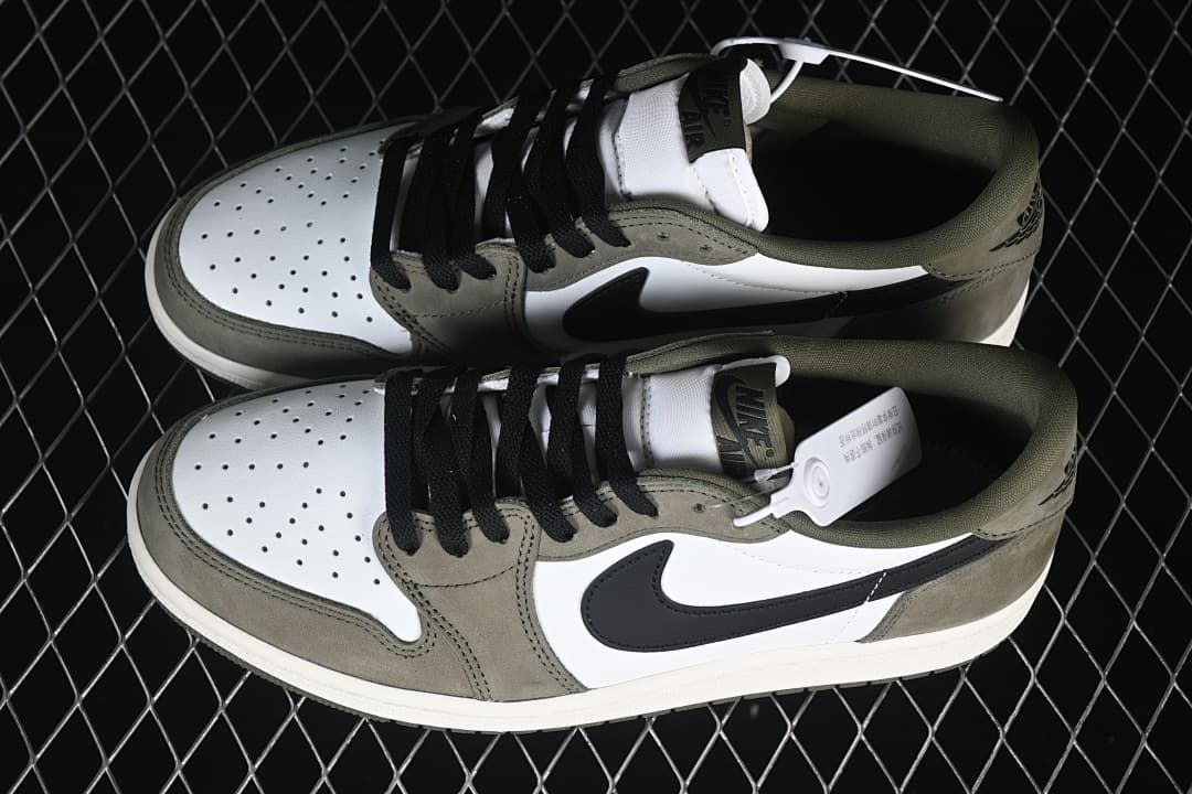 Overhead view of the pair of olive, white, and black low-top sneakers