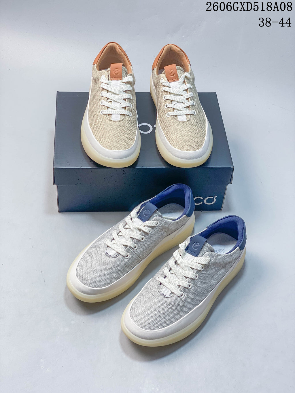 Beige and gray ECCO lace-up sneaker colorways pictured together; image displays style code 2606GXD518A08 and sizes 38–44.