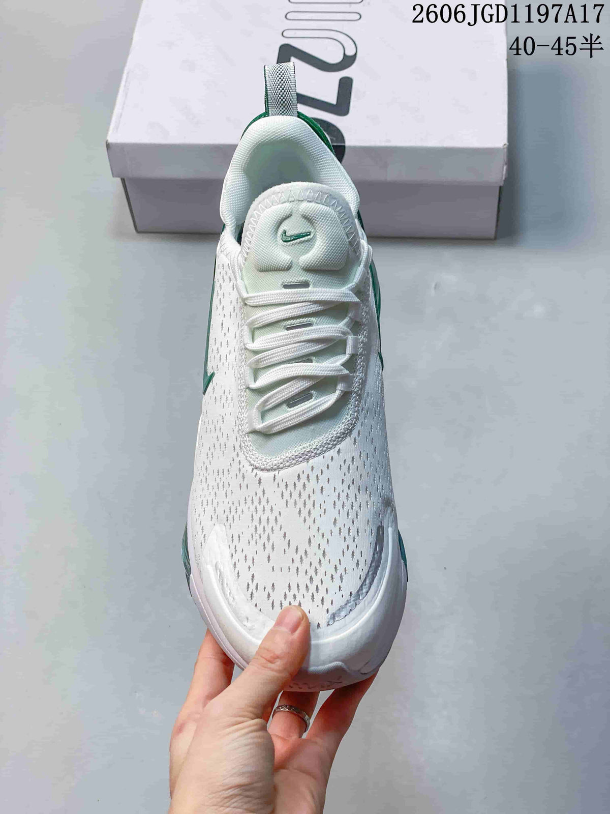 Front view of the perforated white upper and laces on the Nike Air Max Pulse sneaker.