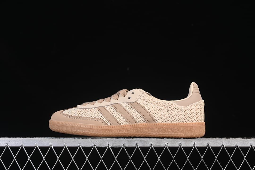Side view of beige and cream adidas Samba OG JR9446 sneakers with woven panels and a gum-colored sole