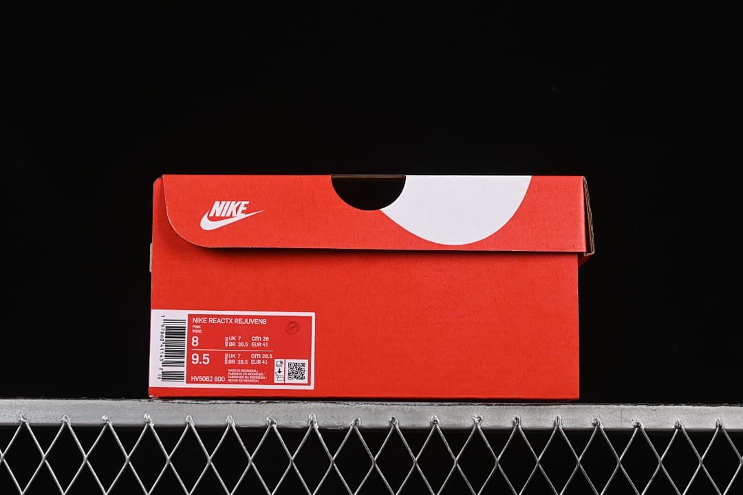 Shoe box with a label identifying Nike ReactX Rejuven8, style code HV5062-600 and sample sizing.