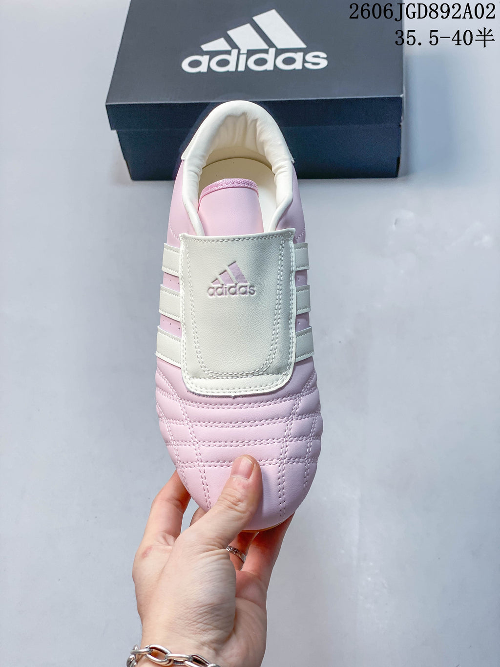 Top view of the shoe showing its wide instep overlay and quilted toe