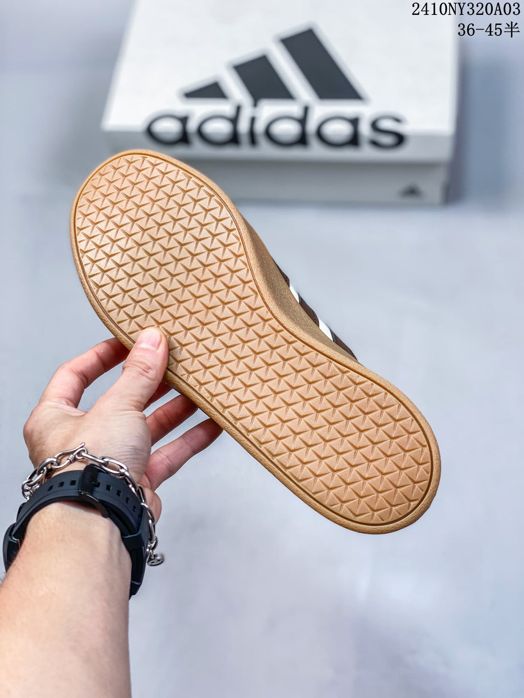 Gum-colored outsole with a repeating geometric tread pattern